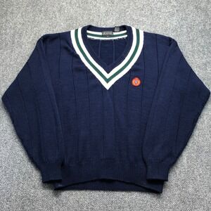 Sweater Graphix Mens Large Navy Blue V-Neck Ribbed Knit Collegiate Crest Sweater